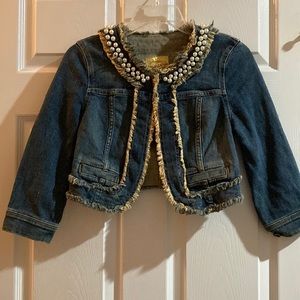 Princess Vera Wang cropped denim jacket with pearl embellished collar size XS